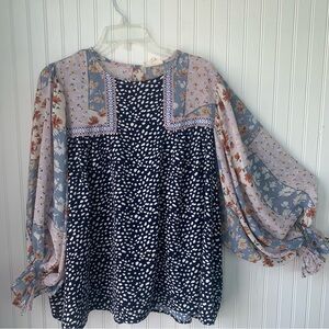 Entro Floral and Polka Dot Blouse - Blue, Pink, White